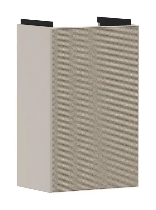 Hansgrohe Waschtischunterschrank in Sandbeige mit einer perforierten Front. Die Tür ist links angeschlagen. Geeignet für Handwaschbecken.